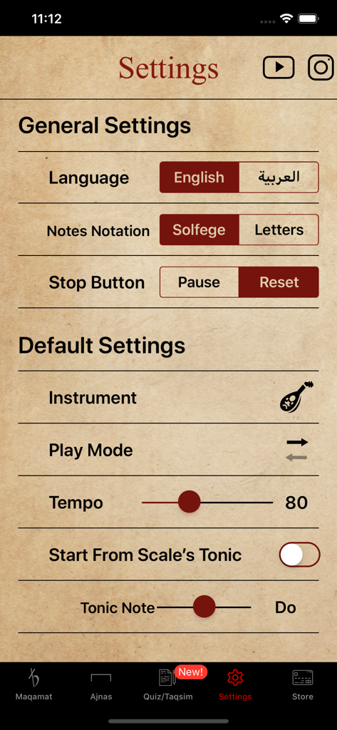 Maqamat Al-Arabiya - Settings screen of the Maqamat Al Arabiya app showing language notes notation and tempo adjustments on a parchment texture background
