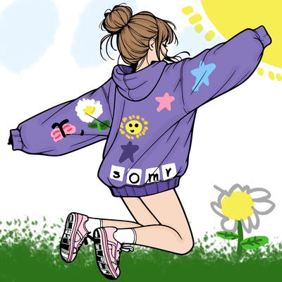 realistic girl jumping with a bun and oversized sweatshirt