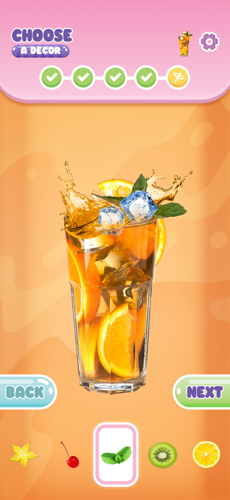 Drink & Make Boba Bubble Tea - Una interfaz de juego que muestra un té helado con rodajas de naranja y hojas de menta siendo decorado con varios toppings de frutas.