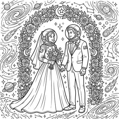 Celebrate a truly unique and cosmic love story with this captivating astronaut wedding coloring page. Perfect for creative teens, it features a heroic couple ready to say "I do" amidst a stunning celestial backdrop.