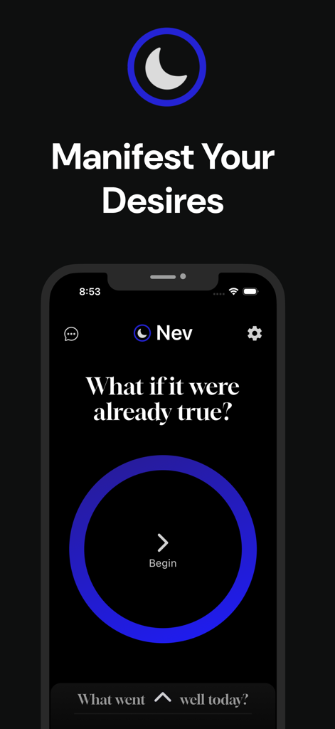 Interface do aplicativo Nev mostrando uma tela de sessão de manifestação com a pergunta e se já fosse verdade
