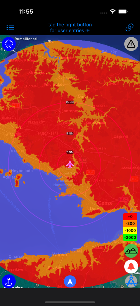 Link-H - Link-H app interface showing a topographic map with aircraft proximity rings and elevation data.