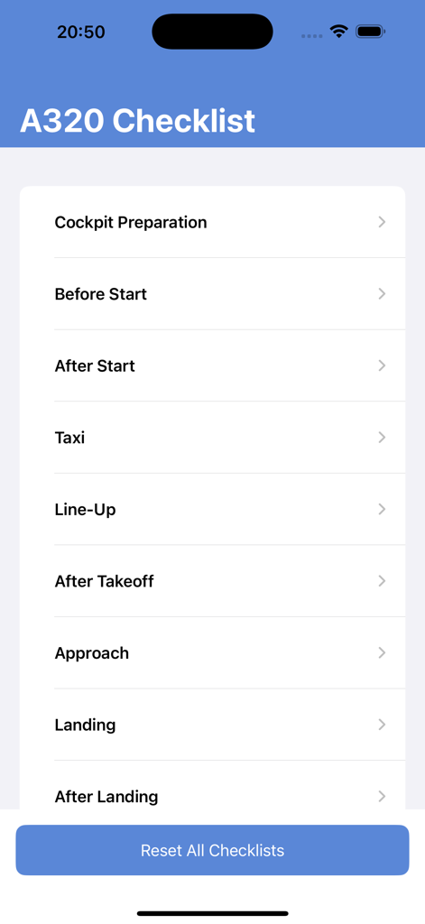 A320 Checklist - Main menu of the A320 Checklist app displaying various flight operation phases.