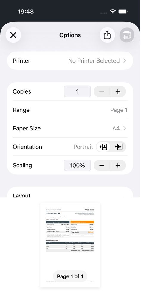 Interface for customizing and printing a professional solar system calculation PDF report