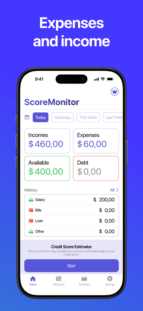 Credit Score Monitoring - Dashboard of the ScoreMonitor app showing income, expenses, and credit score estimator.