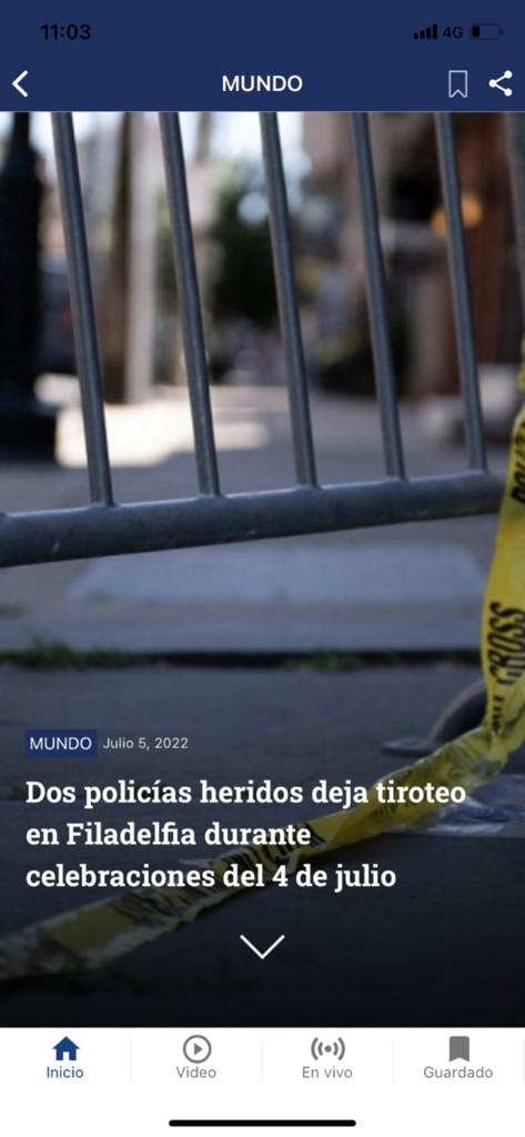 Screenshot of the Noticias Caracol app showing a world news article headline in Spanish about a shooting in Philadelphia.