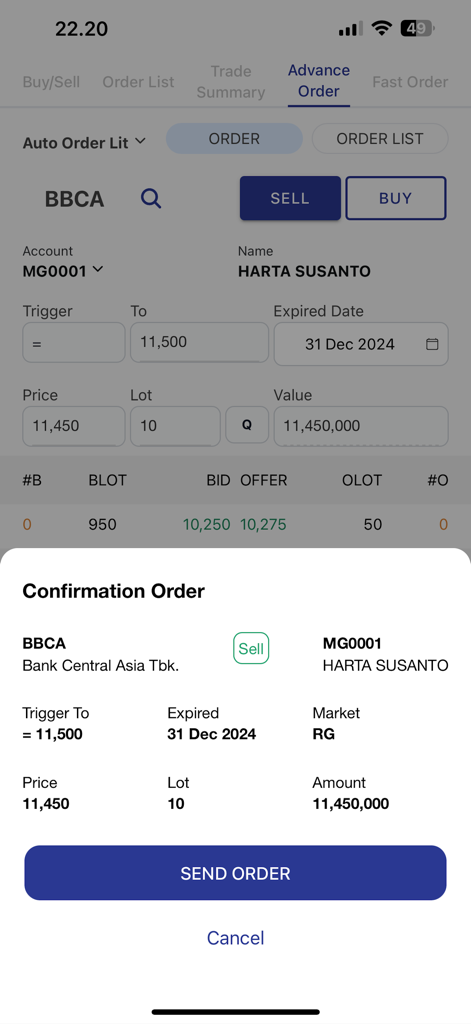 Semesta Online - Advance sell order confirmation popup in the Semesta Online trading app