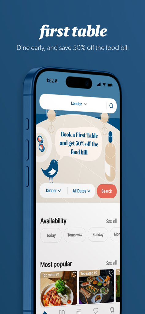 First Table app home screen displaying restaurant search and dining deals with fifty percent discount