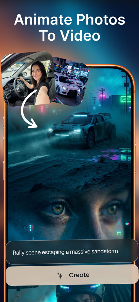 Pixverse AI Video Generator - Un écran de smartphone démontrant l'application IA Pixverse animant la photo d'une femme en une vidéo de voiture de rallye cinématographique à l'aide d'une invite textuelle.