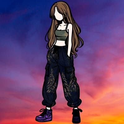 girl in baggy pants crop top and long hair