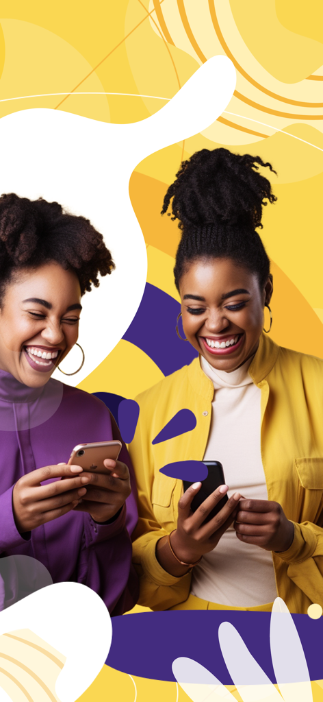 Dos mujeres sonrientes usando sus teléfonos inteligentes para la aplicación My Expresso