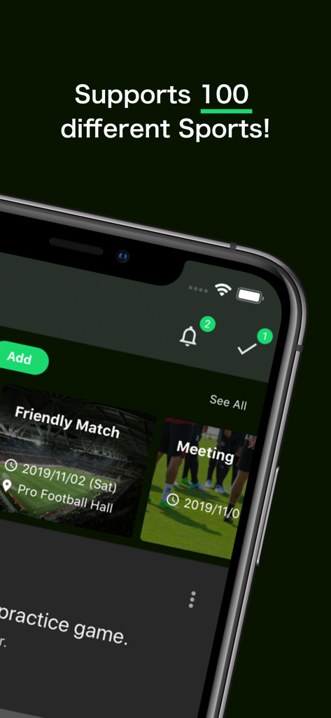 TeamHub app interface showing event scheduling and support for 100 different sports