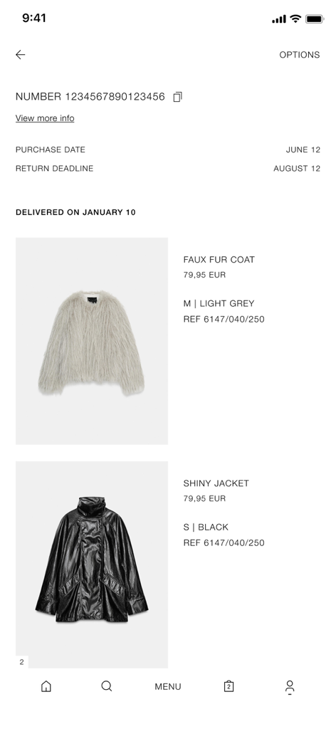 Interfaz de la app Zara que muestra el historial de pedidos y la fecha límite de devolución de los artículos comprados.