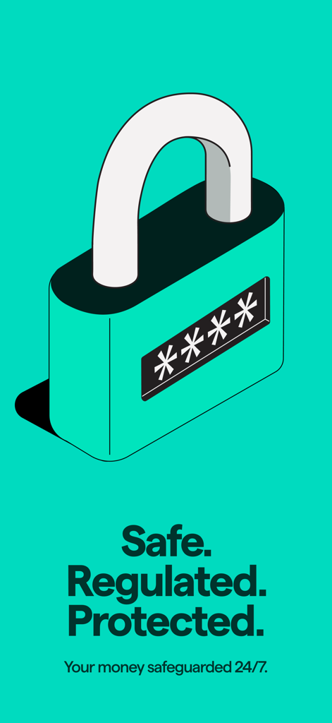 A padlock icon on a green background with text stating the app is safe regulated and protected