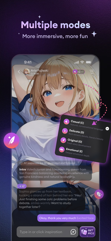 A screenshot of the Tremble app interface showing multiple conversation modes for an anime AI character.