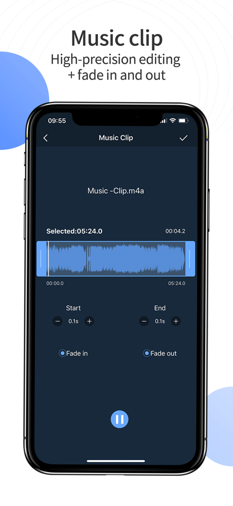 Music Clip - Ringtone Maker - Interfaz de la aplicación Music Clip que muestra la edición de ondas de audio con alta precisión y efectos de fundido