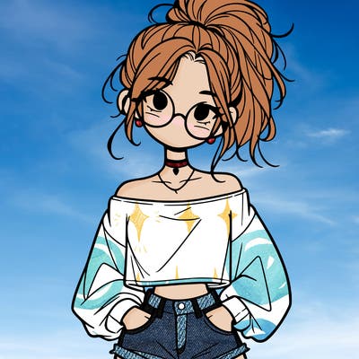 girl with a messy ponytail glasses a baggy crop top and jean shorts
