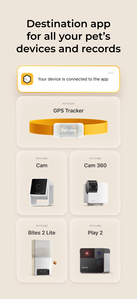 Petcube - Petcube app interface displaying various connected smart pet devices including cameras and a GPS tracker.