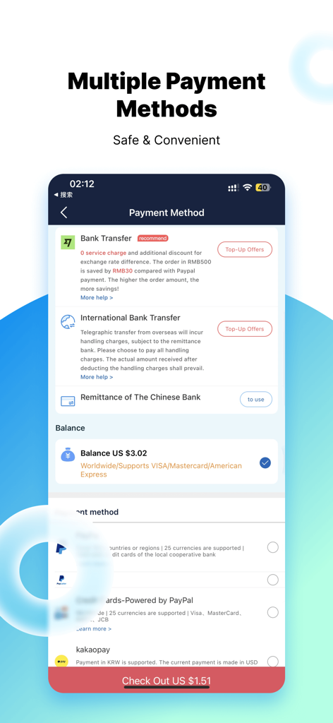Superbuy mobile app interface showing various secure payment methods like PayPal and international bank transfers