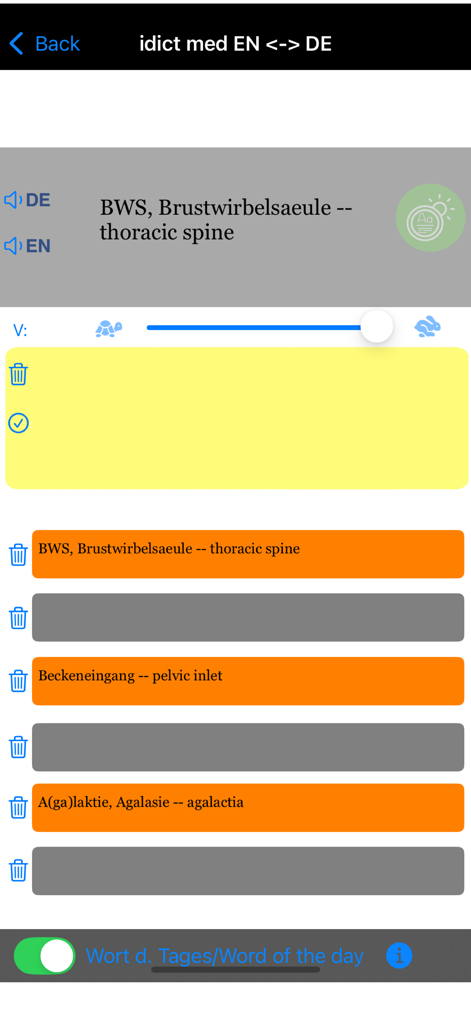 Interfaz de la aplicación idict med que muestra traducciones médicas al alemán e inglés y marcadores.