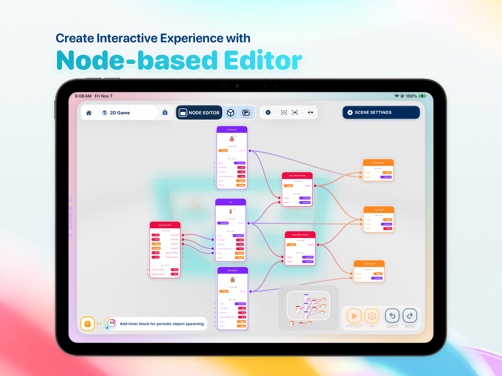 Wonderland: Build Your World - Node-based visual programming editor interface on iPad for building interactive games.