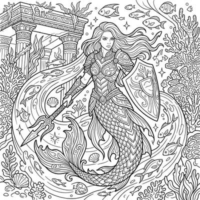 Embark on an epic coloring adventure with a fierce warrior mermaid, armored and ready with her trident and shield. Her mystical underwater realm, featuring ancient ruins and swirling fish, awaits your creative touch.