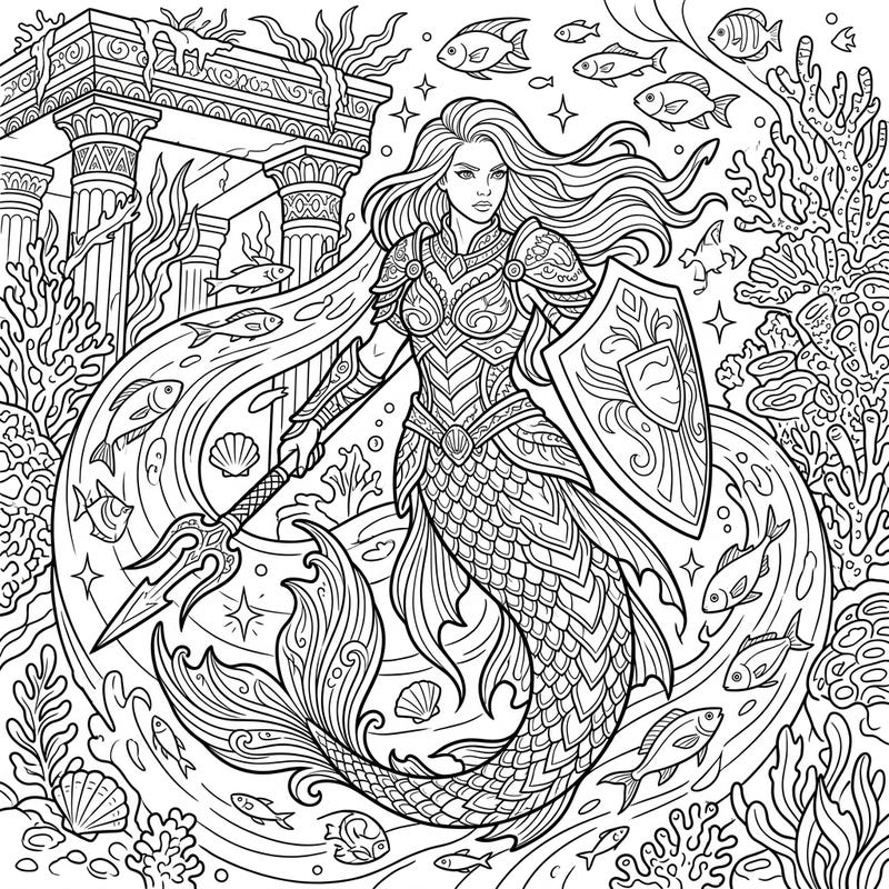 Embark on an epic coloring adventure with a fierce warrior mermaid, armored and ready with her trident and shield. Her mystical underwater realm, featuring ancient ruins and swirling fish, awaits your creative touch.