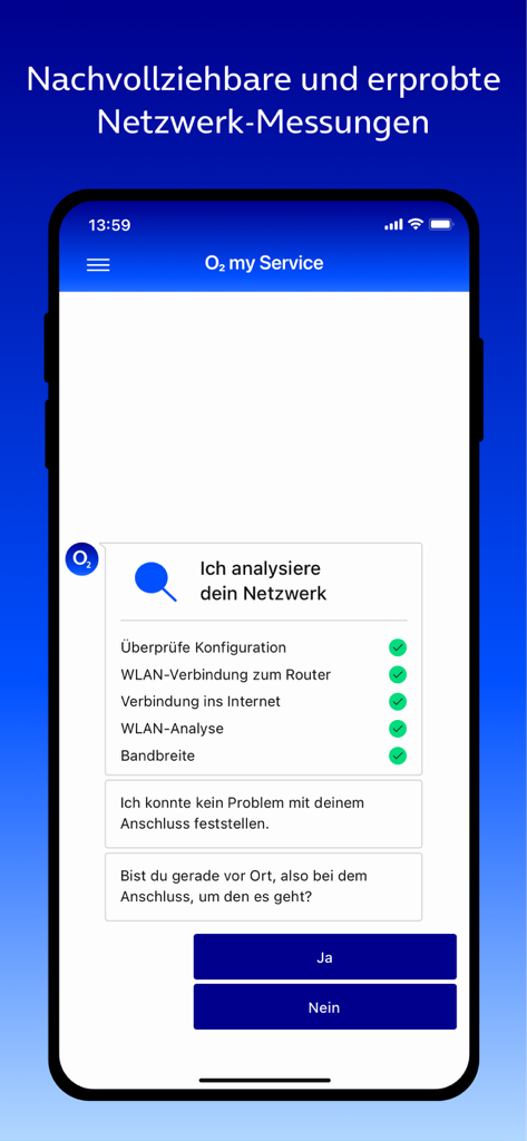 o2 my Service - Una pantalla de smartphone mostrando la aplicación o2 my Service realizando una verificación de diagnóstico de red con todas las marcas de verificación verdes para configuración, WiFi y conexión a Internet.