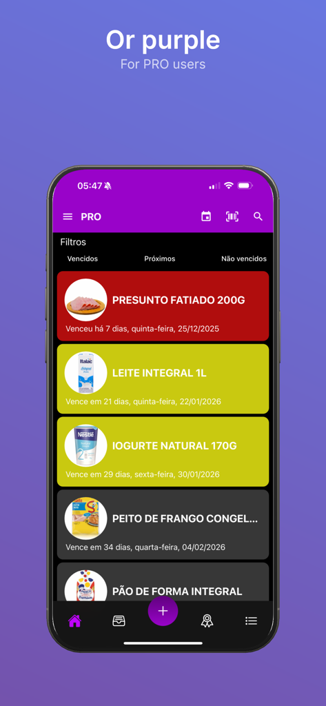 Smart Expiry Tracker - Smart Expiry Tracker app interface showing a list of tracked food items with color coded expiration statuses in the purple pro theme