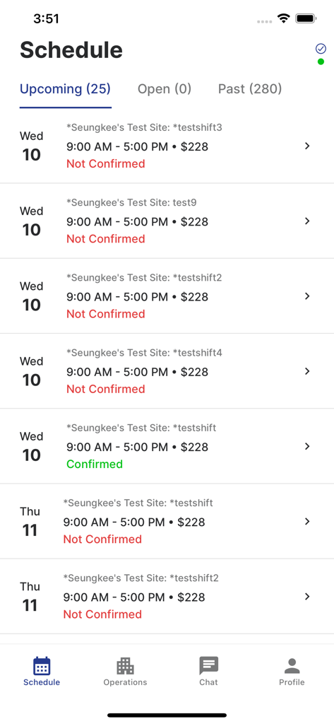 Belfry Security - Belfry Security mobile app displaying a list of upcoming work shifts with dates times and status for a security officer