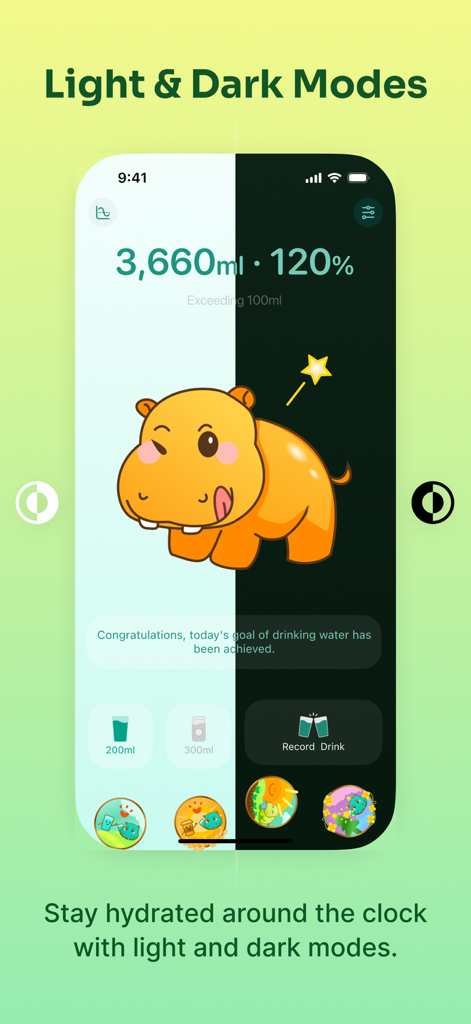 Water Alarm - Daily Reminder - Water Alarm app interface showing light and dark modes with a quirky hippo character