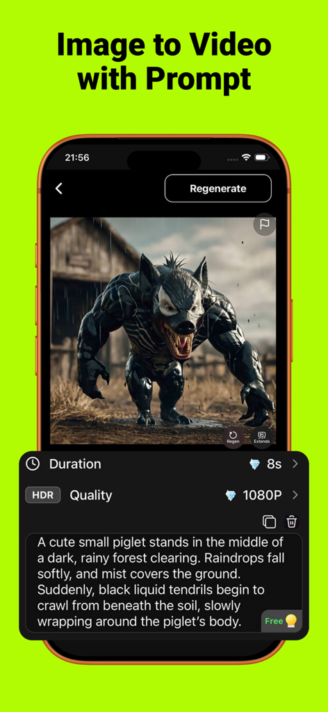 VeivoVerse: AI Video Generator - Interfaz de la aplicación VeivoVerse mostrando un monstruo cinematográfico generado a partir de una detallada indicación de texto con ajustes para calidad HDR 1080P.