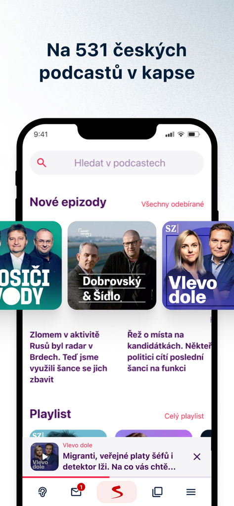 The Seznam.cz app podcast section displaying various Czech podcast episodes.