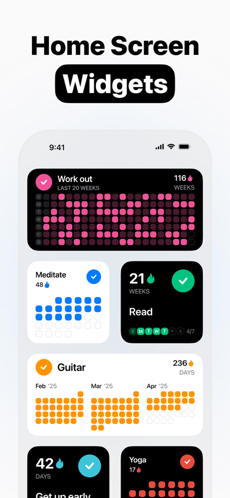 Habit Tracker - Evoday - Widgets estéticos de iOS para rastrear hábitos diarios y cuadrículas de progreso