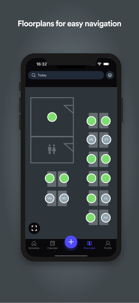 Whatspot - Interface of the Whatspot app displaying a digital office floor plan for booking desks and meeting rooms.