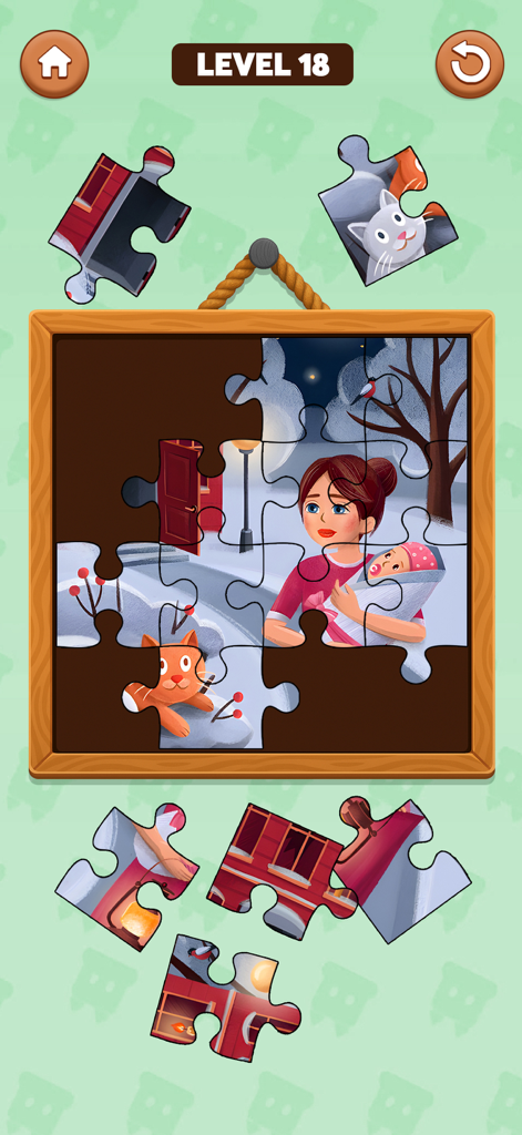 AntiStress Fidget Pop It Games - Un nivel de juego de rompecabezas de la aplicación AntiStress Fidget Pop It que muestra a una madre abrazando a un bebé con un gato en una escena nocturna nevada