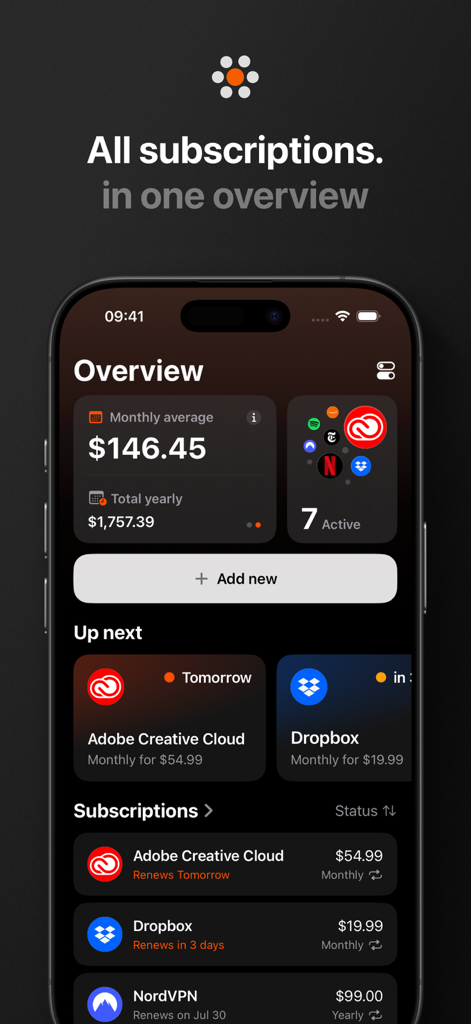 Subo app dashboard showing monthly subscription spending and upcoming bill renewals