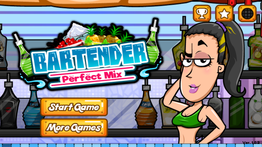 Bartender Perfect Mix - Pantalla de título del juego Bartender Perfect Mix con un camarero de dibujos animados y un botón de inicio de juego