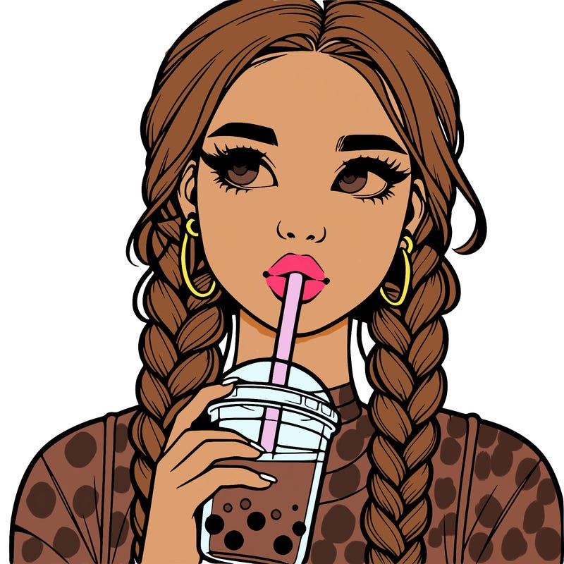 realistic girl with braided hair drinking boba