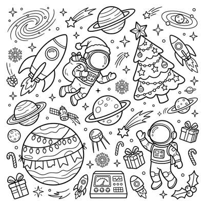Journey to a galaxy far, far away for a festive holiday celebration with this delightful kids' coloring page. Featuring Santa astronauts, decorated planets, and rockets, it's the perfect blend of space and Christmas magic.