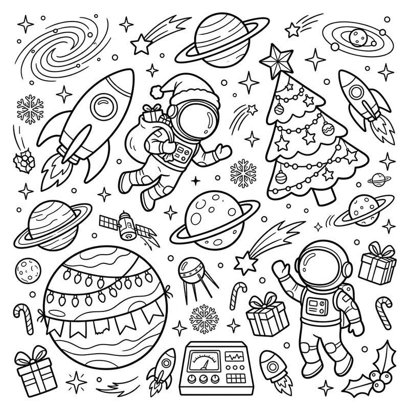Journey to a galaxy far, far away for a festive holiday celebration with this delightful kids' coloring page. Featuring Santa astronauts, decorated planets, and rockets, it's the perfect blend of space and Christmas magic.