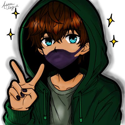 teenage manga boy in a hoodie, doing ✌