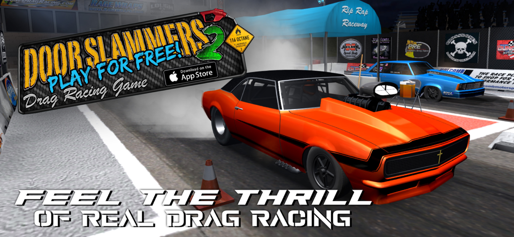 Coche de carreras de aceleración naranja personalizado en la línea de salida en Door Slammers 2