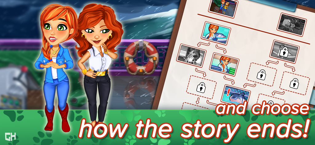 Dos personajes femeninos de pie junto a un portapapeles que muestra un diagrama de flujo ramificado para las elecciones de la historia del jugador.