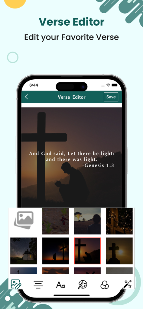Interface of the verse editor feature allowing users to customize scripture verses on religious background images.