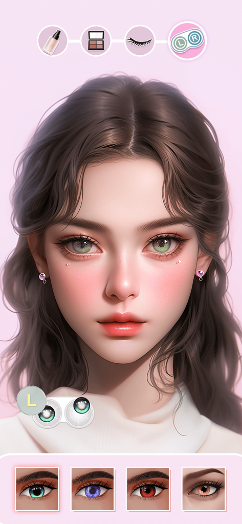Una interfaz de juego de simulación de maquillaje que muestra un personaje femenino con varias opciones de selección de lentes de contacto de colores.