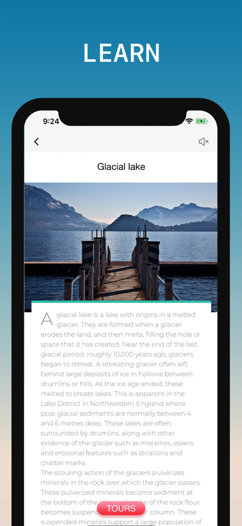 Educational article about glacial lakes on the Lake Como travel guide app.