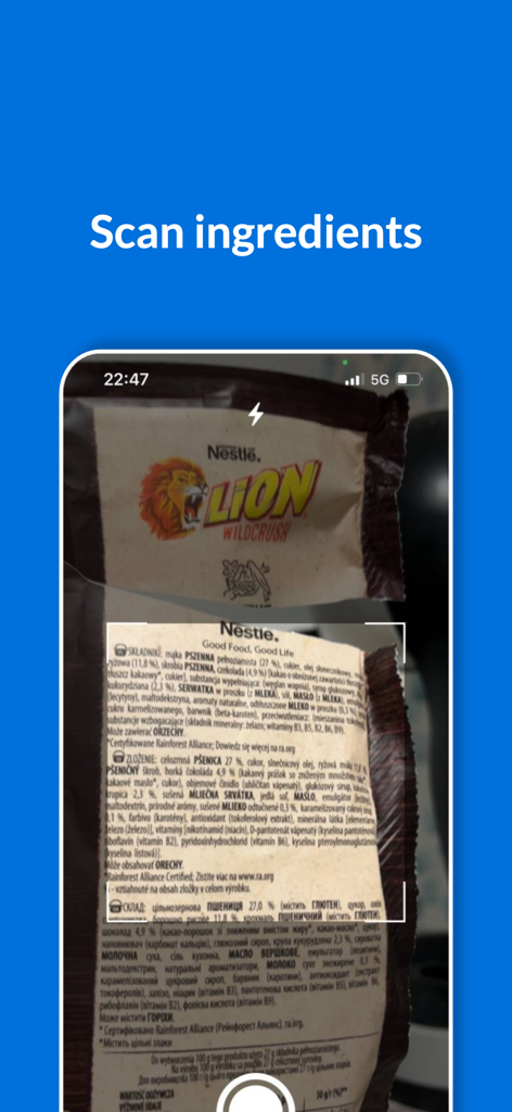 Mobile app interface showing a smartphone scanning a food product label to translate ingredients.