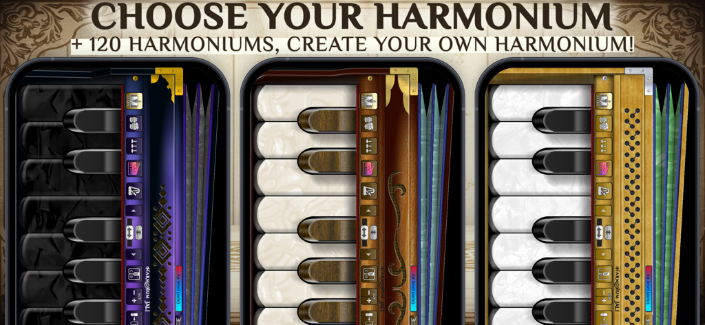 Harmonium Jali - Exhibición de varios estilos y aspectos de armonio disponibles en la aplicación móvil Harmonium Jali