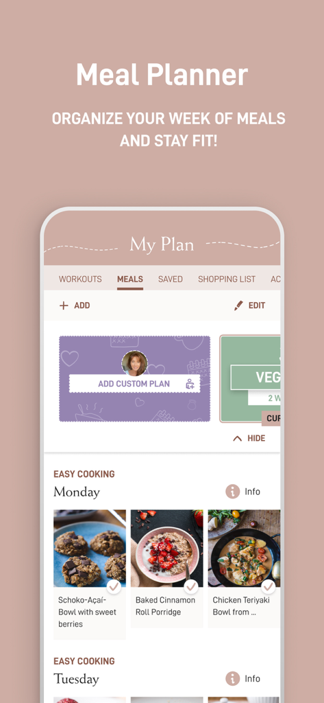 Pam Fitness and Food app interface showing the weekly meal planner with healthy recipes and calorie tracking